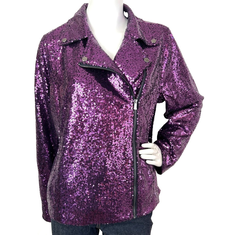 Colleen Lopez Sequin Moto Jacket XL Glam Rock Vamp Purple Zip Long Sleeve NWT